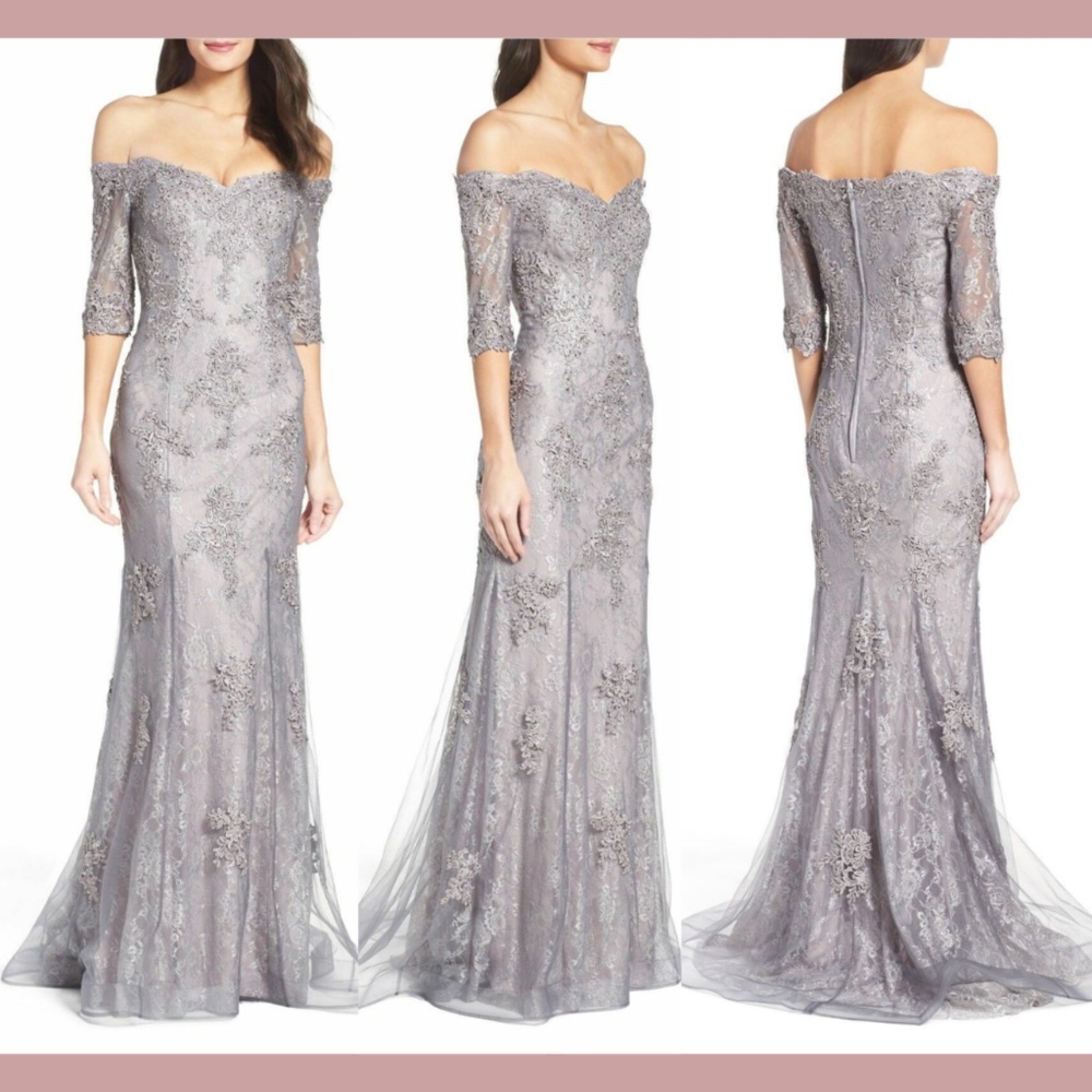 NEW La Femme Lace Off Shoulder Fit‎ & Flare Gown W/ Train Pink/Grey [SZ 6 ]